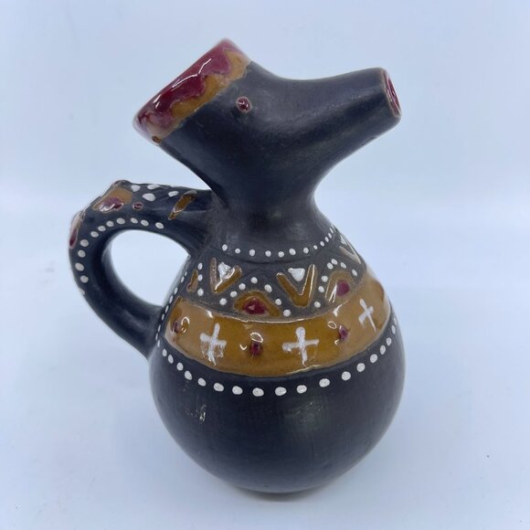 handcrafted vintage ceramic pitcher with tribal motifs & handle - Picture 3 of 6